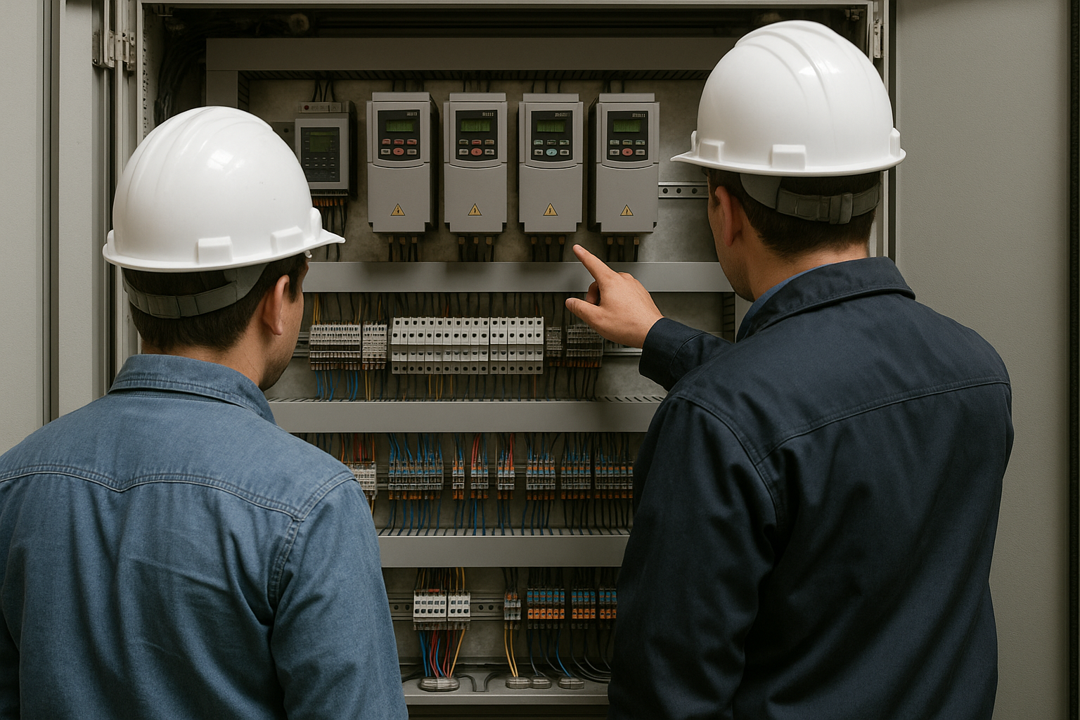 Two engineers discussing an automation panel